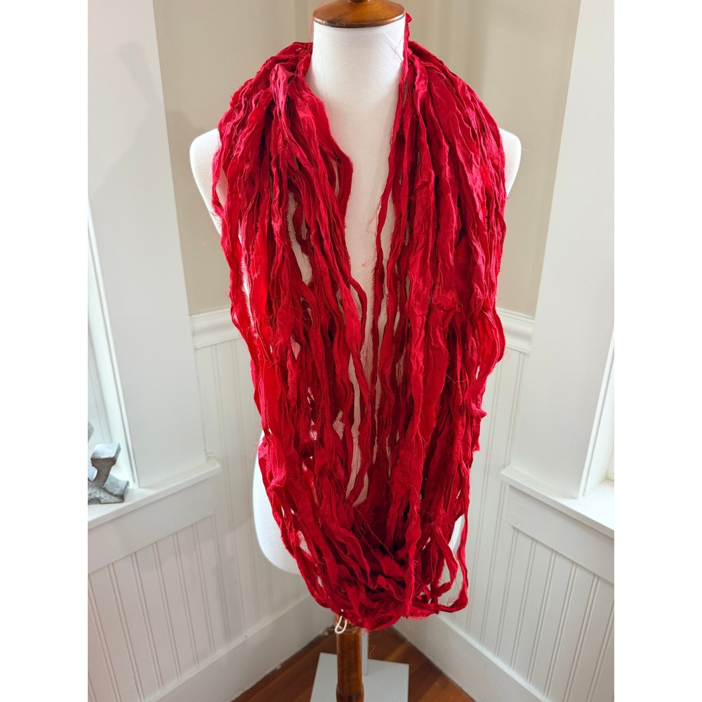 Boho Hippie Scarf Necklace Frayed Ribbon Infinity Scarf Multi Strand Boho Red OS